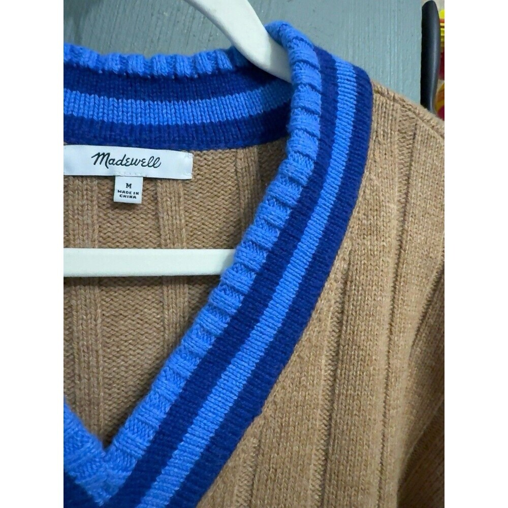 Madewell Varsity V Neck Ribbed Wool Blend Sweater Camel Blue Women M FA23 - Picture 3 of 8